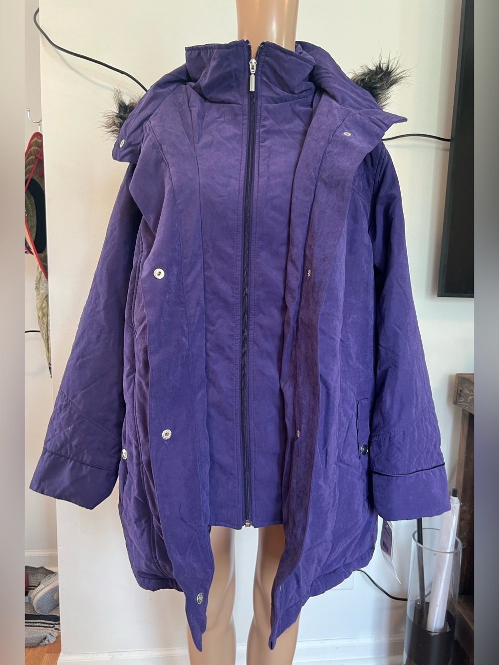 Studio Works Purple Hooded Puffer Coat with Faux-Fur Trim